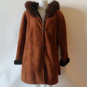 Womens Searle Brown Hooded Genuine Fur Suede Coat M *